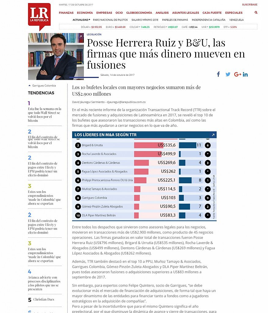 Posse Herrera Ruiz y B&U, las firmas que ms dinero mueven en fusiones